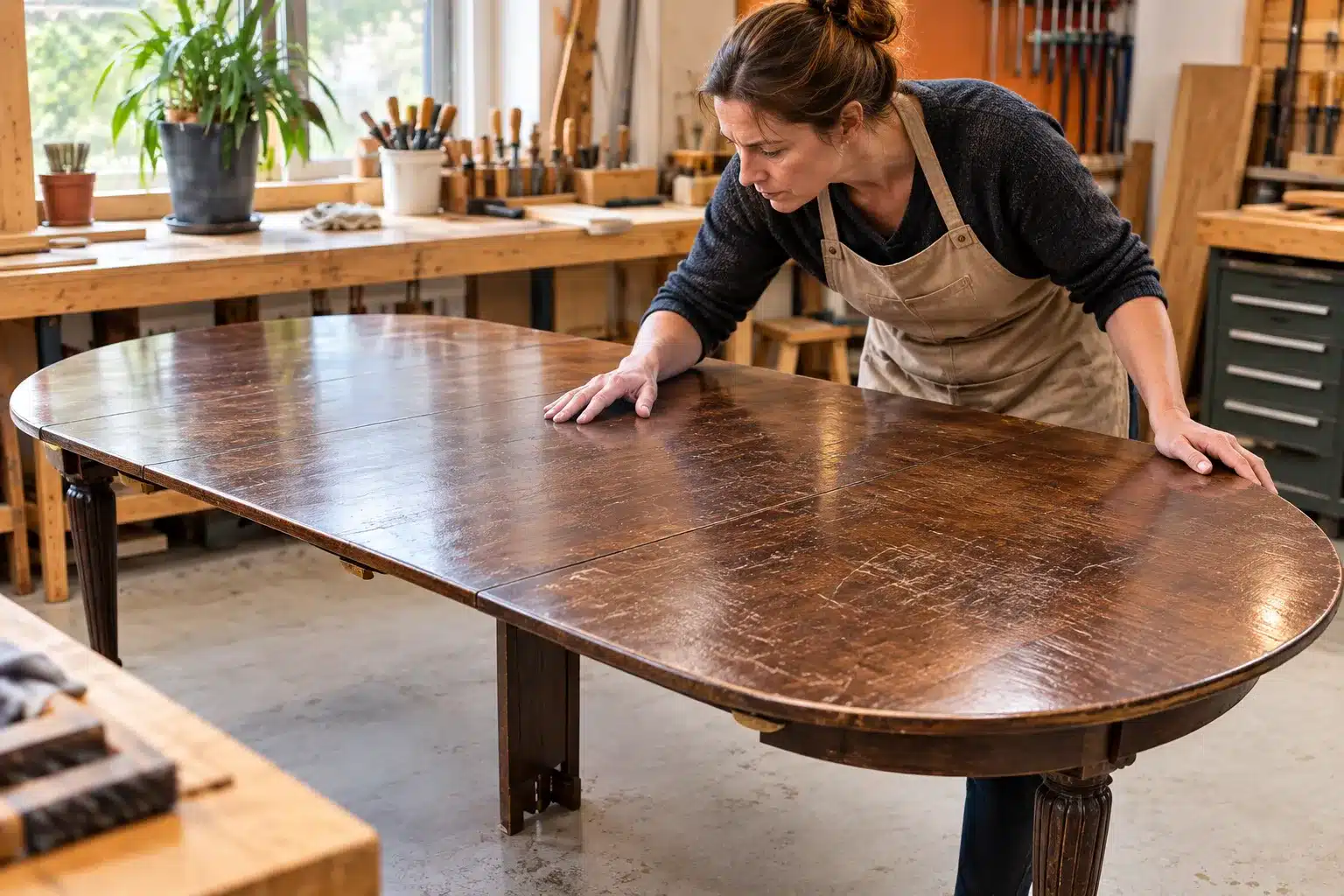 Ein alter Holztisch mit Furnier und Gebrauchsspuren wird in der Werkstatt vor der Restaurierung begutachtet.