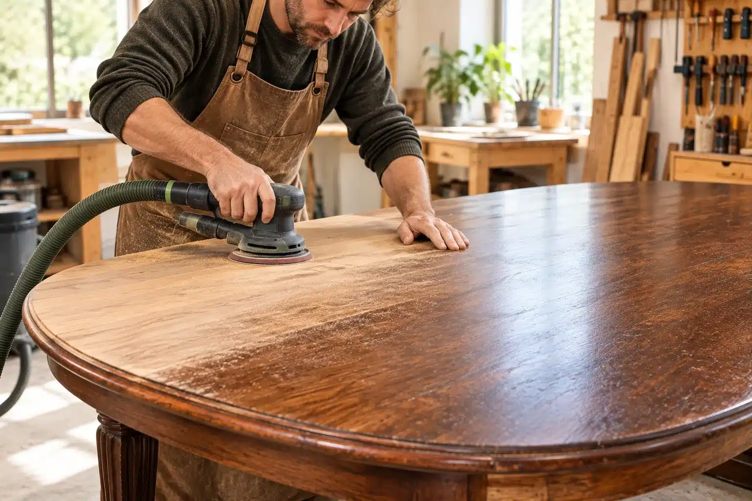Ein Restaurator schleift eine Tischplatte aus Massivholz mit der Faser.